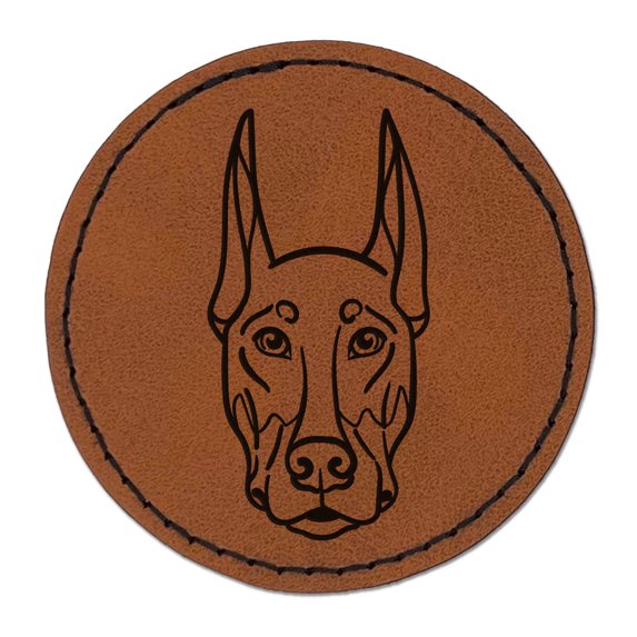 Doberman Pinscher Dog Head 2.5" Faux Leather Round Engraved Iron-On Patch - Brown