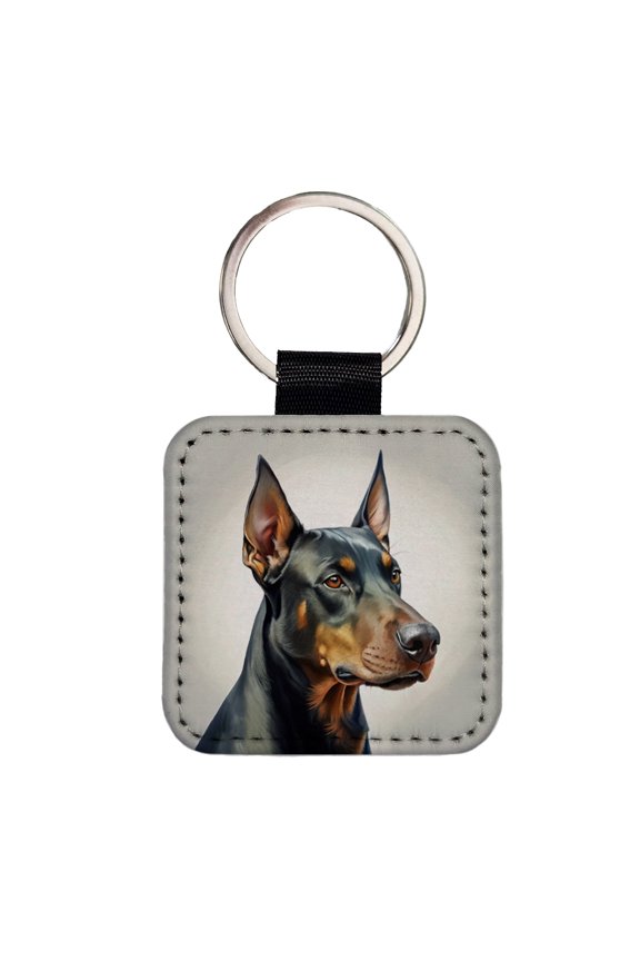 Doberman Pinscher Dog Illustration Faux Leather Square Keychain