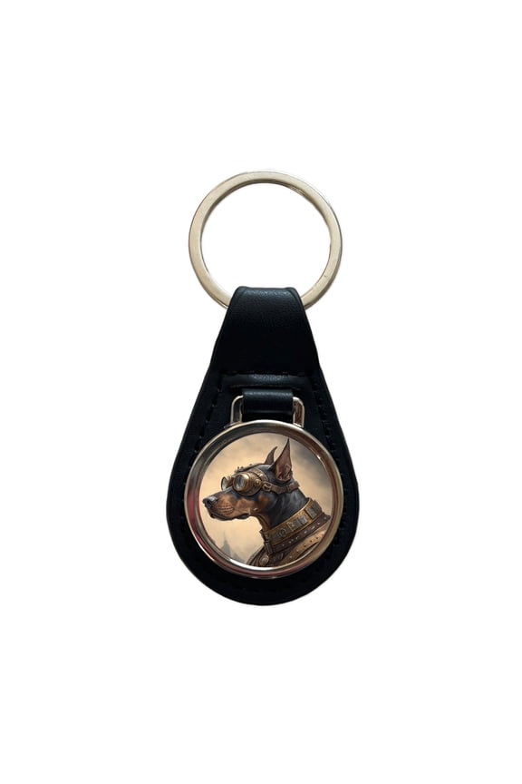 Doberman Pinscher Dog Steampunk Metal Black Leather Keychain