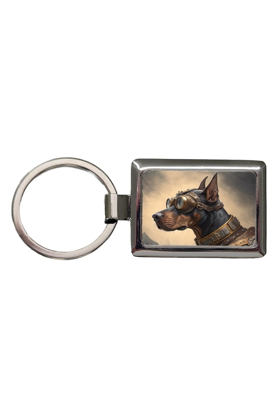 Doberman Pinscher Dog Steampunk Metal Rectangle Keychain