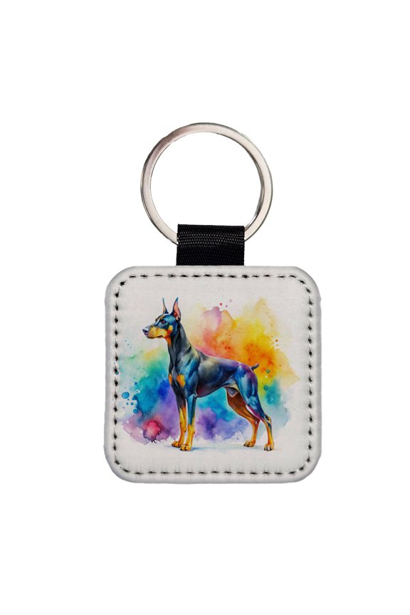 Doberman Pinscher Dog Watercolor Style Faux Leather Square Keychain