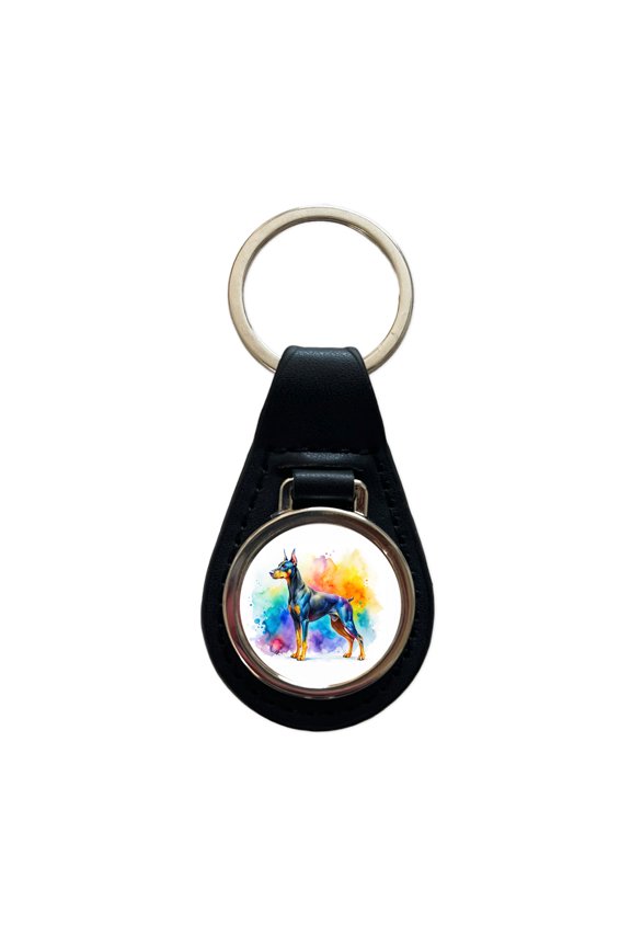 Doberman Pinscher Dog Watercolor Style Metal Black Leather Keychain