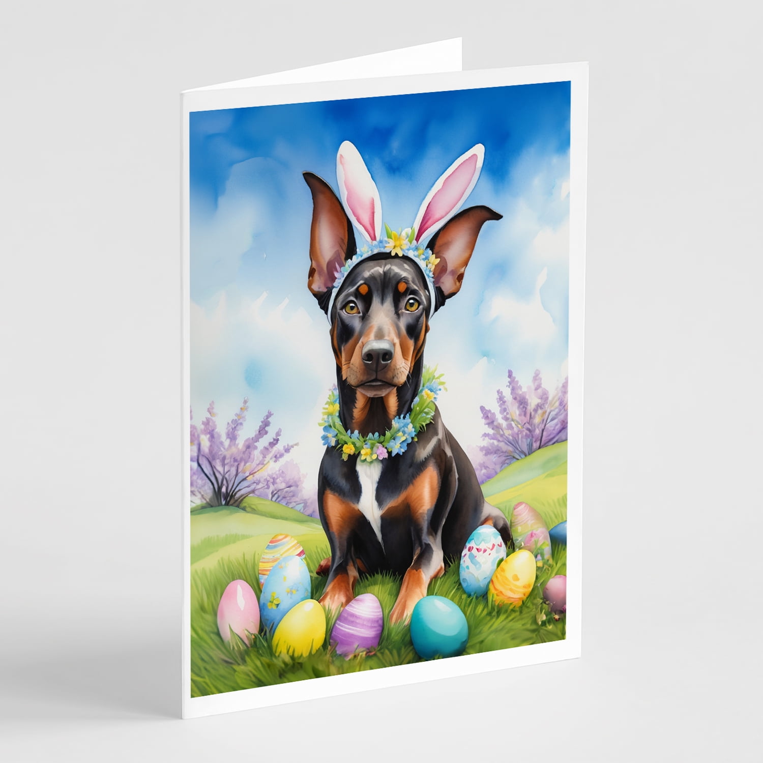 Doberman Pinscher Easter Egg Hunt Greeting Cards Pack of 8 7 in x 5 in