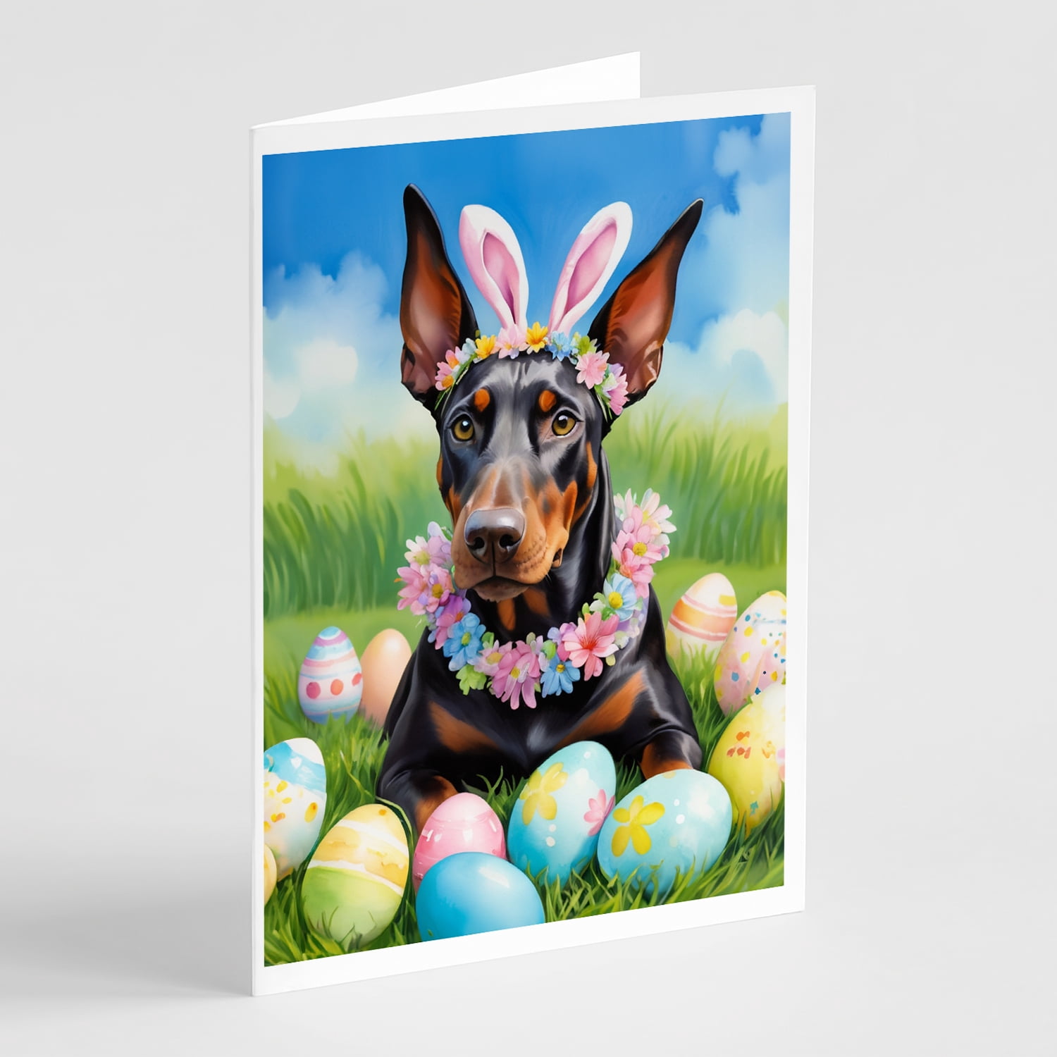 Doberman Pinscher Easter Egg Hunt Greeting Cards Pack of 8 7 in x 5 in