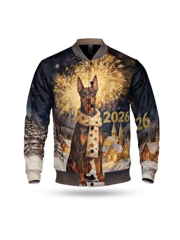 Doberman Pinscher Happy New Year 2026 with Fireworks on New Year's Eve All Over Print 3D Baseball Jacket Doberman Dog Lover Gifts Bomber Jacket Softball - 12022