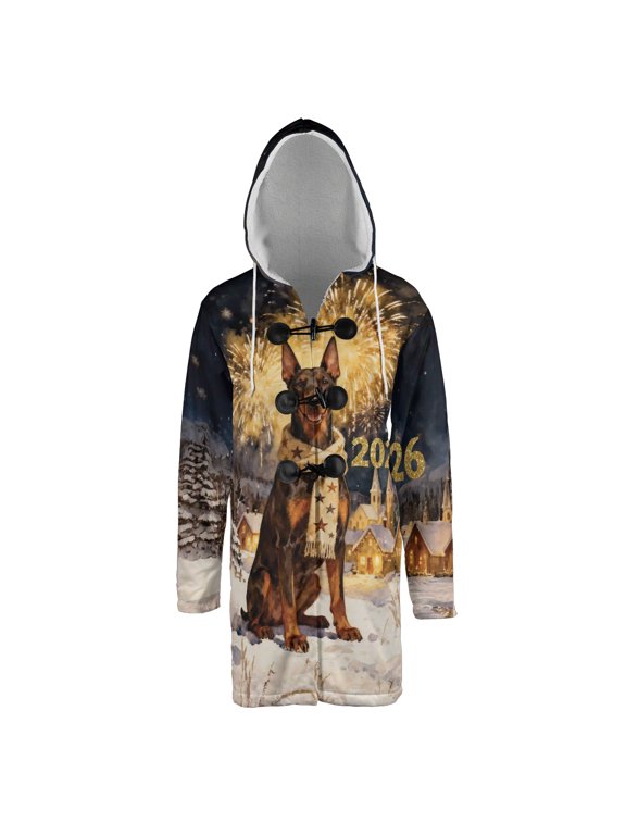 Doberman Pinscher Happy New Year 2026 with Fireworks on New Year's Eve All Over Print 3D Hooded Duffle Toggle Coat Doberman Dog Lover Gifts - 12022