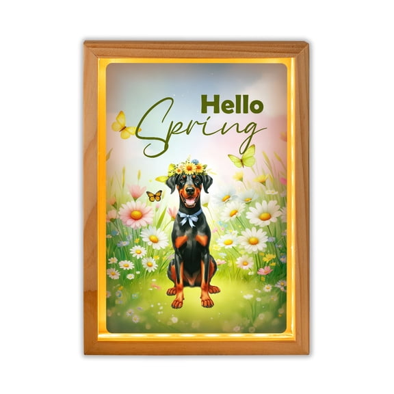 Doberman Pinscher Hello Spring Time Flower Floral Nature Acrylic Plaque with Wood Photo Frame Box Doberman Dog Lover Gifts Light Box - 02031