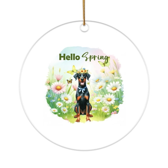 Doberman Pinscher Hello Spring Time Flower Floral Nature Acrylic Round Ornament Doberman Dog Lover Gifts Home Tree Decor - 02031