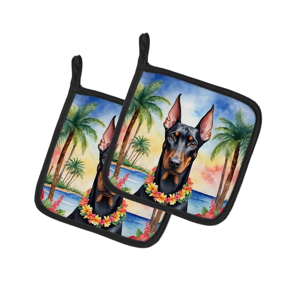 Doberman Pinscher Luau Pair of Pot Holders