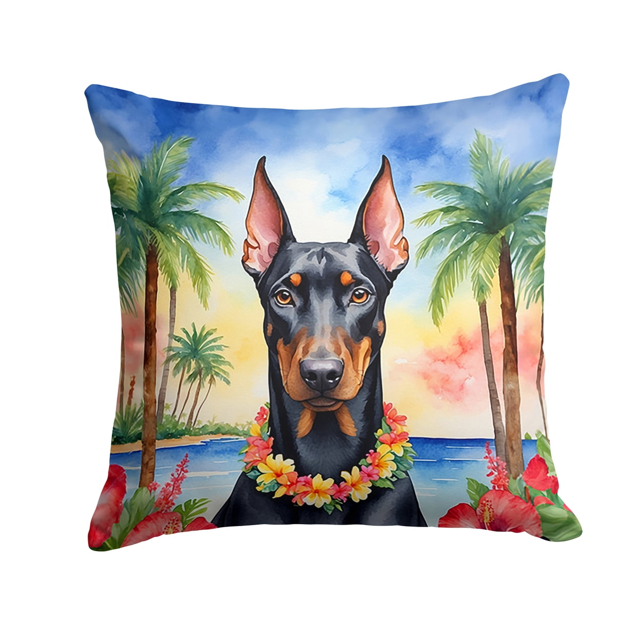 Doberman Pinscher Luau Throw Pillow 18 in x 18 in
