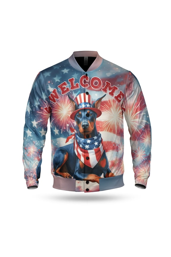 Doberman Pinscher Patriotic Welcome for 4Th of July Independence Day All Over Print 3D Baseball Jacket Doberman Dog Lover Gifts Bomber Jacket Softball - 00010