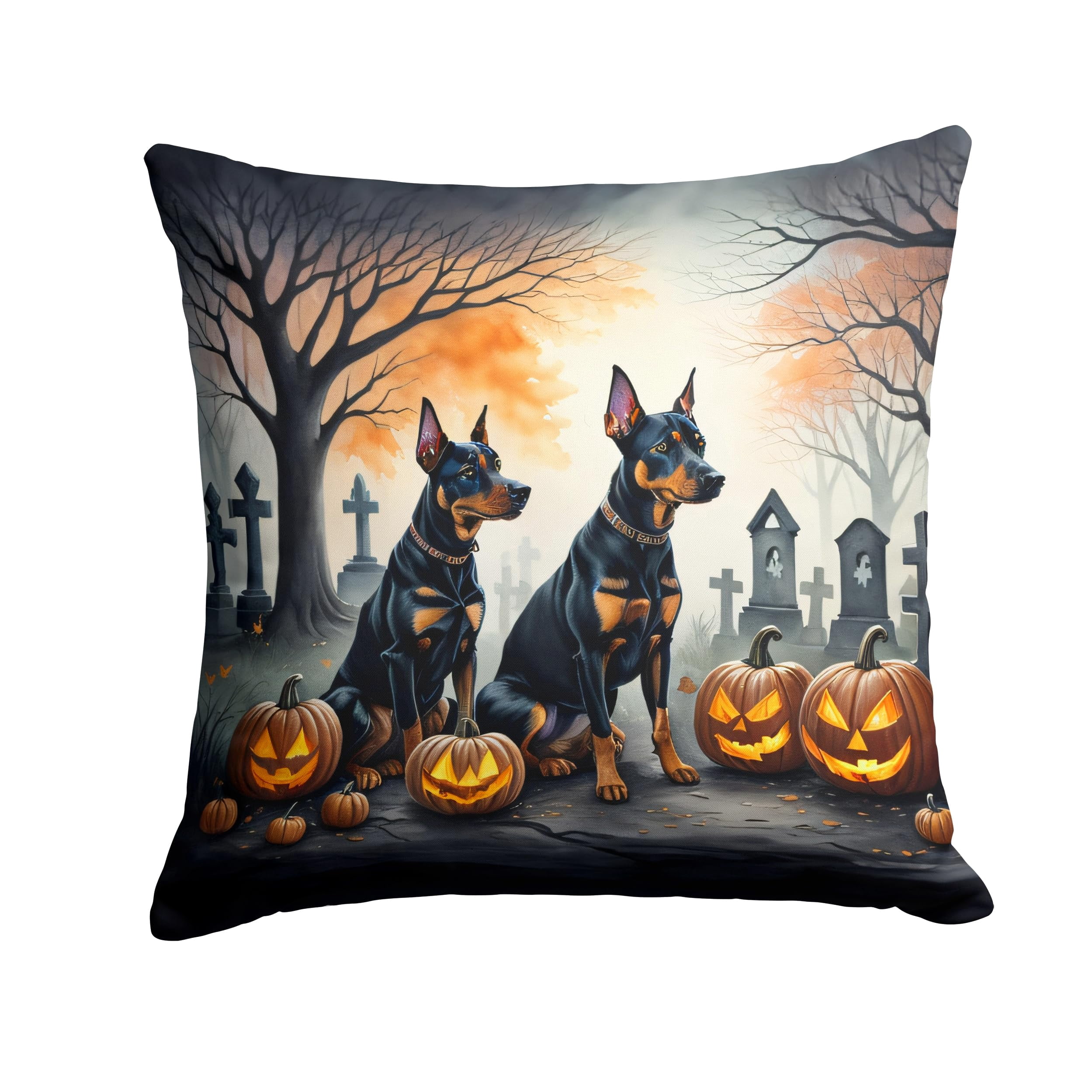 Doberman Pinscher Spooky Halloween Fabric Decorative Pillow 14 in x 14 in