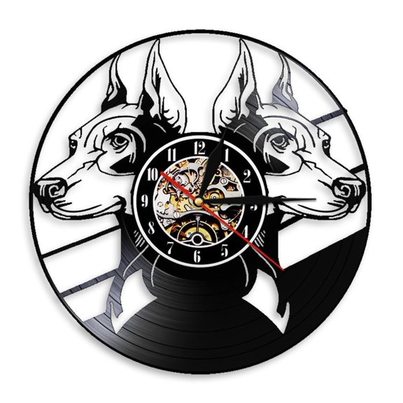 Doberman Pinscher Wall Clock Dog Breeds Head Portraits Doberman Animals Puppy Vinyl Record Wall Clock Watch Dog Pet Lovers Gift Without LED