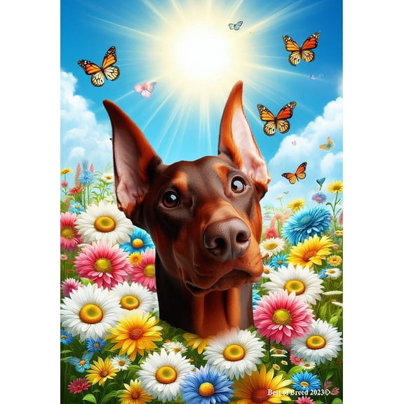 Doberman Red Cropped - Best of Breed Summer Butterflies Outdoor House Flag 28" x 40" Mailbox Flag Dog Flag