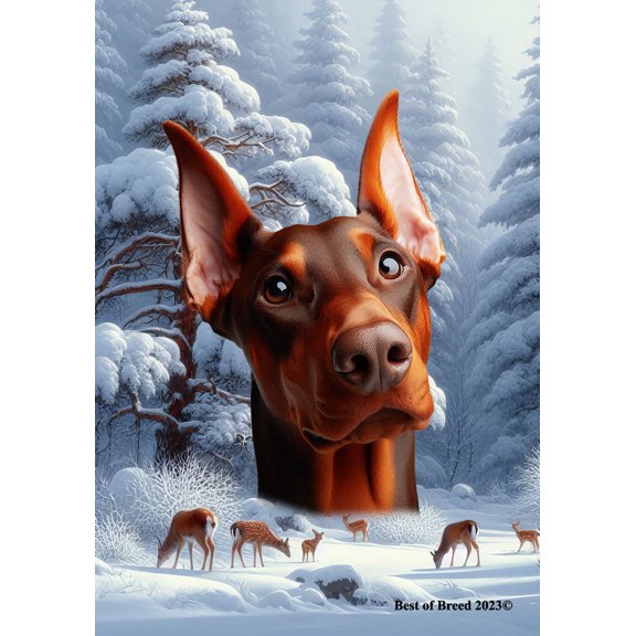 Doberman Red Cropped - Best of Breed Winter Wonderland Garden Flag 12" x 17"