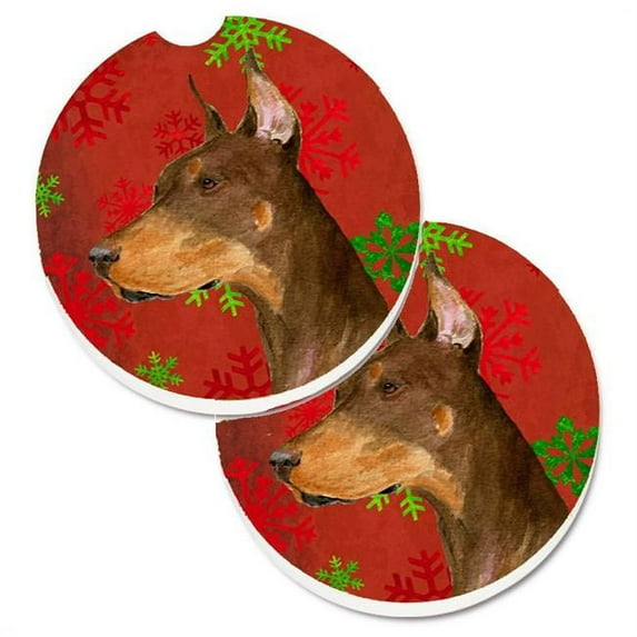 Doberman Red & Green Snowflakes Holiday Christmas Set of 2 Cup Holder Car Coaster