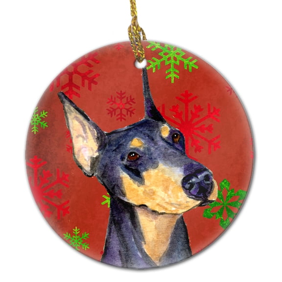 Doberman Red Snowflakes Holiday Christmas Ceramic Ornament SS4702