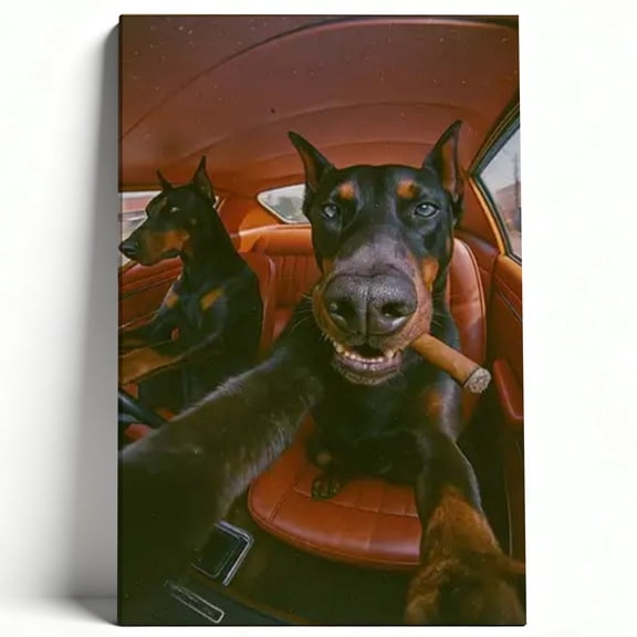 Doberman Selfie In Retro Car With Cigar Framed Canvas Wall Art - Funny Cool Dog Decor For Man Cave Garage, Humorous Pet Art Print 8*12inch(20*30cm)