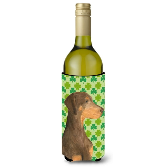 Doberman St. Patricks Day Shamrock Portrait Wine Bottle Hugger