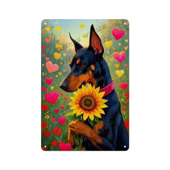 Doberman with Sunflower Tin Sign, Rustic Country Farmhouse Dog Wall Art, 8x12 Inch Aluminum Vintage Metal Sign for Home Garden Kitchen Porch, Countryside Floral Decor