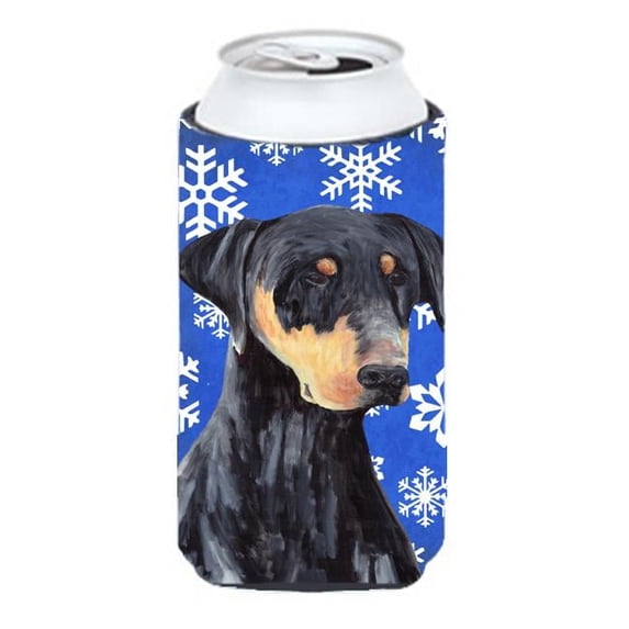 Doberman Winter Snowflakes Holiday Tall Boy bottle sleeve Hugger - 22 To 24 oz.