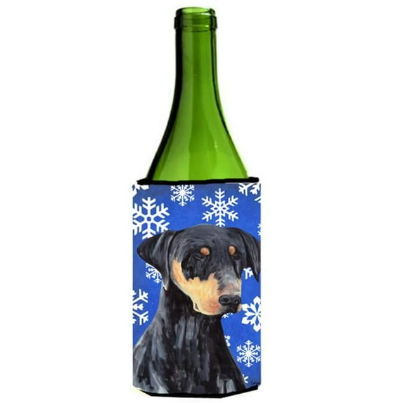 Doberman Winter Snowflakes Holiday Wine bottle sleeve Hugger - 24 oz.