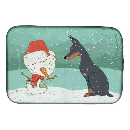 Doberman and Snowman Christmas Dish Drying Mat