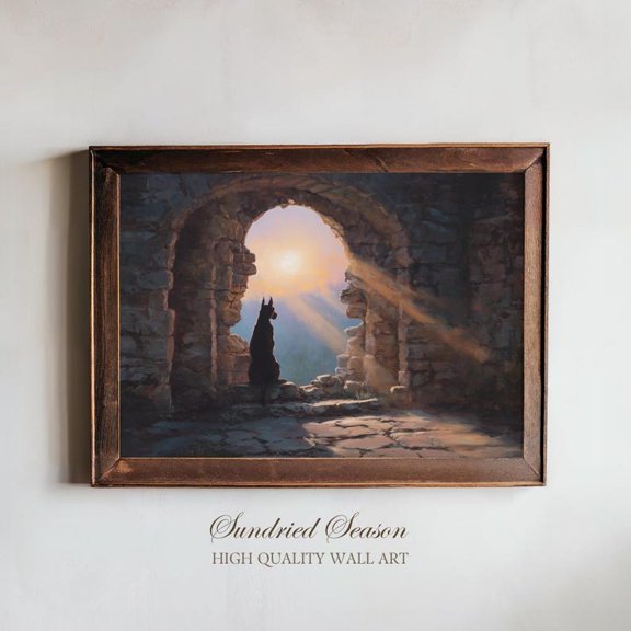 Doberman at Sunset Moody Dog Silhouette Stone Ruins Atmospheric Art