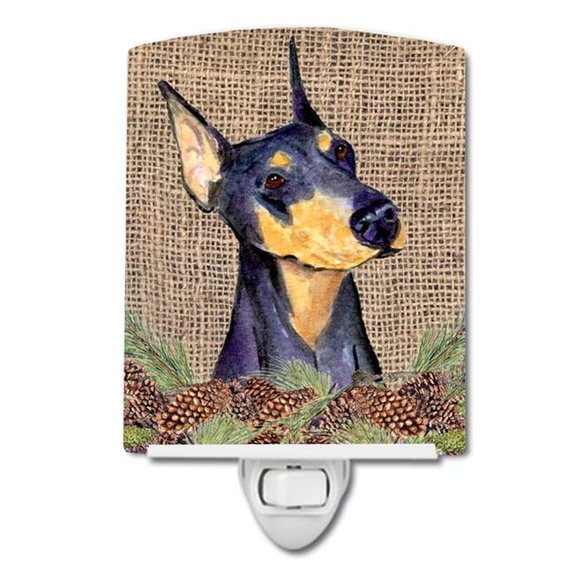 Doberman on Faux Burlap with Pine Cones Ceramic Night Light