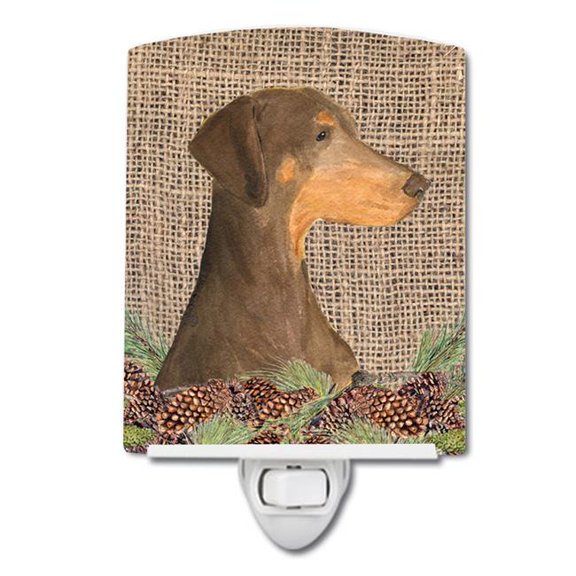 Doberman on Faux Burlap with Pine Cones Ceramic Night Light