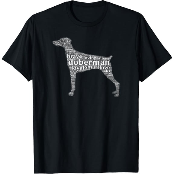 Doberman with a Docked Tail & Floppy Ears Word Cloud T-Shirt T-ShirtMen and women, White Black T-shirt, size: Extra large S-493XL