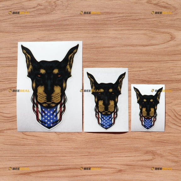 Dobermann Doberman Pinscher Dog Head Vinyl Decal Sticker American Flag Bandana - 3 Pack Glossy, 3 Inches, 4 Inches, 6 Inches - for Car Boat Laptop