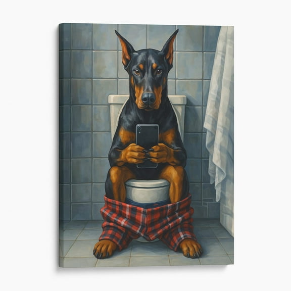 Dobermann On The Toilet On The Phone Funny Dog Bathroom Canvas Wall Art Print