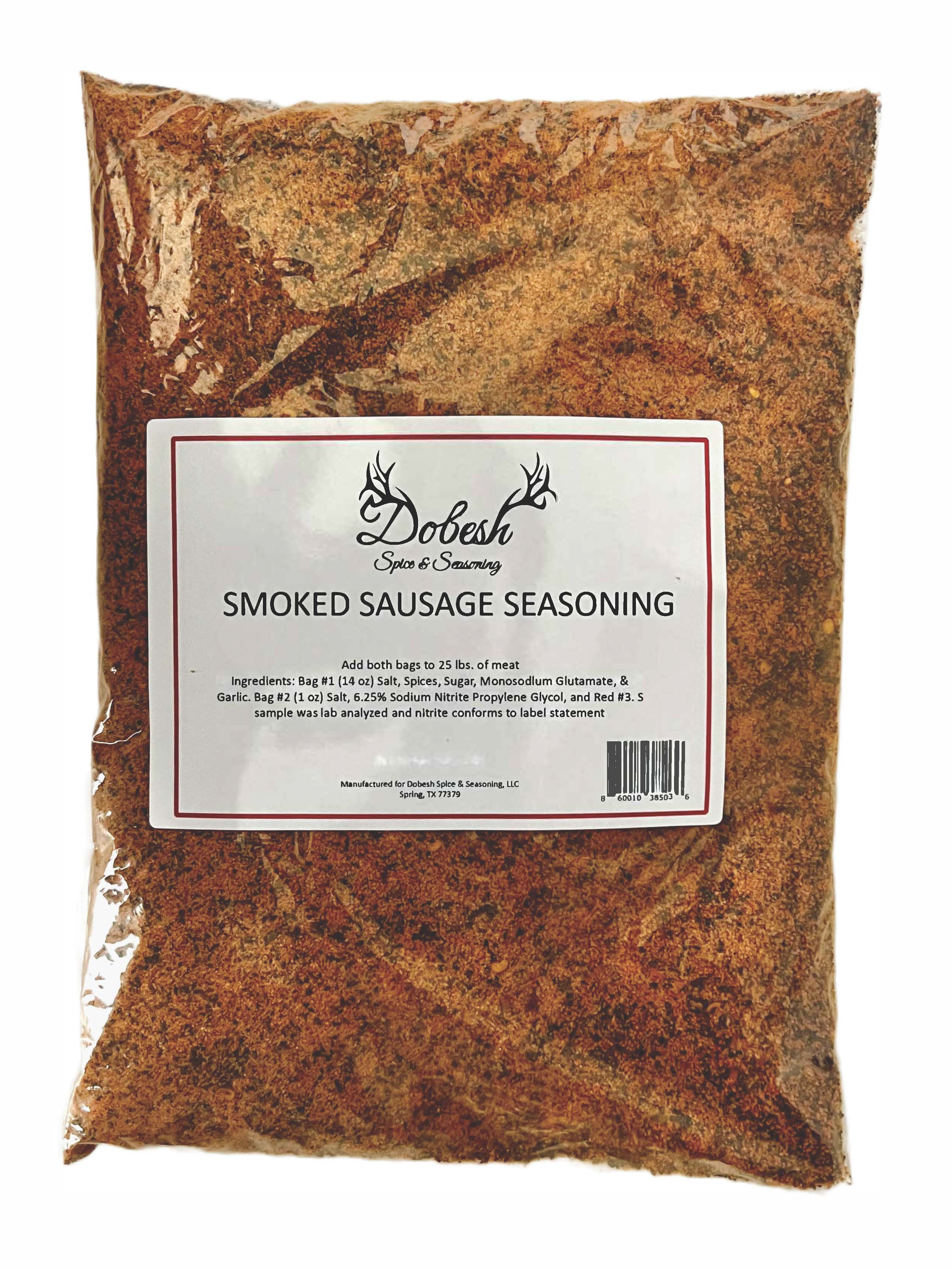 Dobesh Smoked Sausage Seasoning with Cure. 14 Ounces Bag. Smoky Czech
