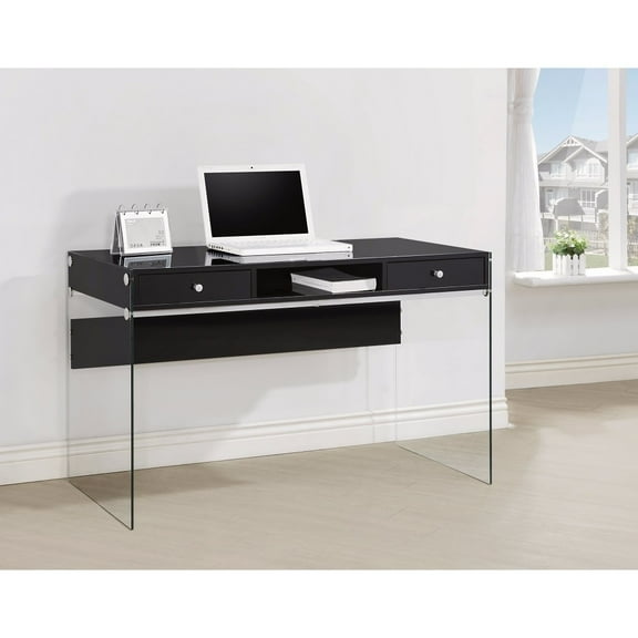 Dobrev 2-drawer Writing Desk Glossy Black and Clear