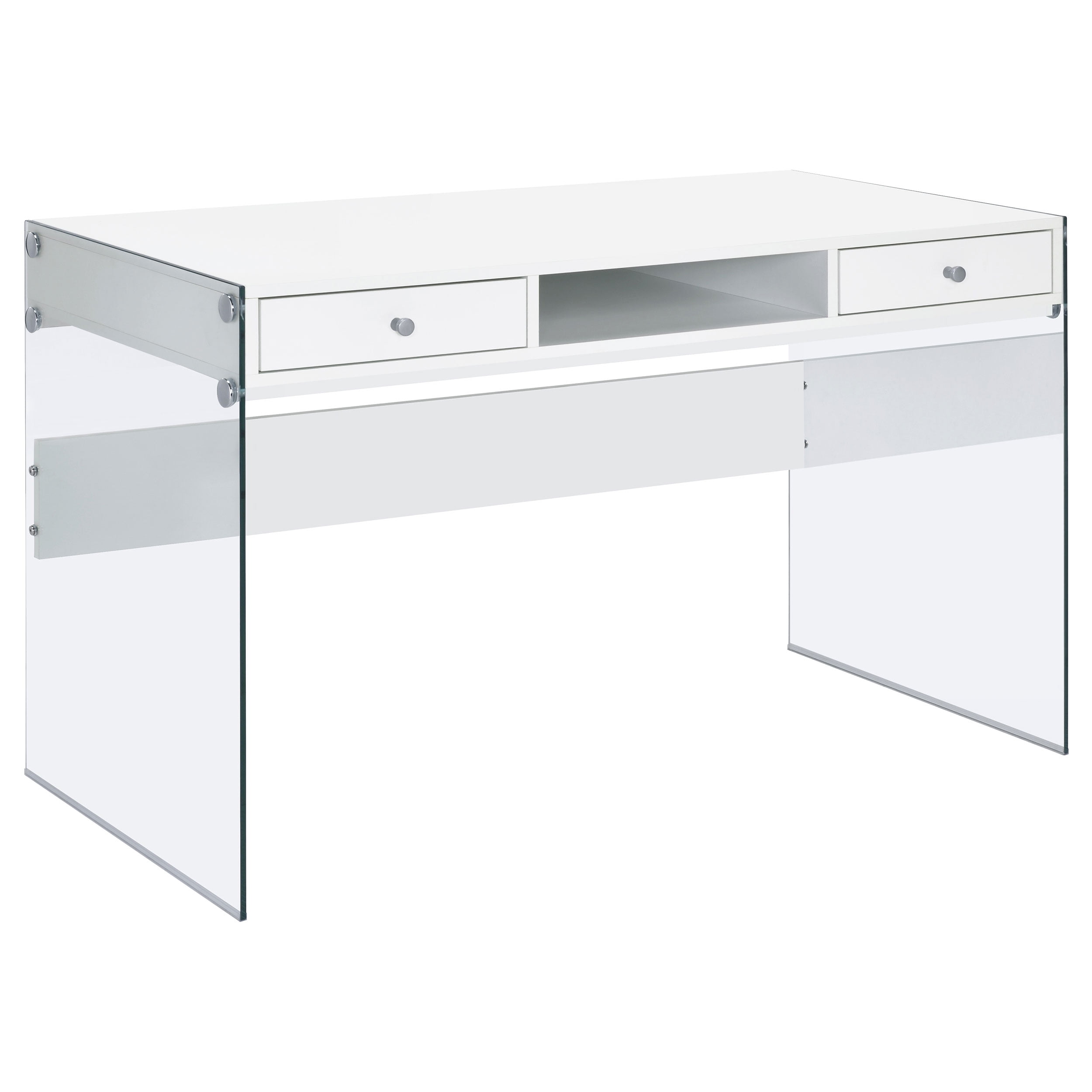 Contemporary Glossy White Home Office Desk with Tempered Glass Supports