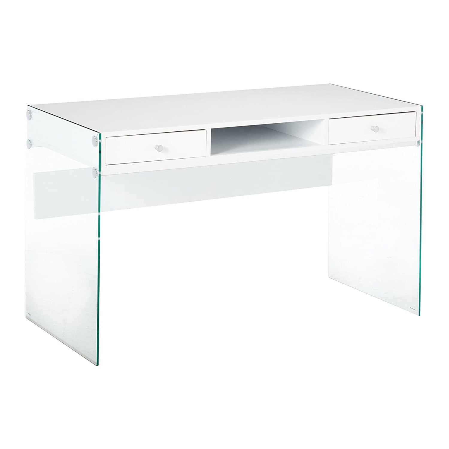 Contemporary Glossy White Home Office Desk with Tempered Glass Supports