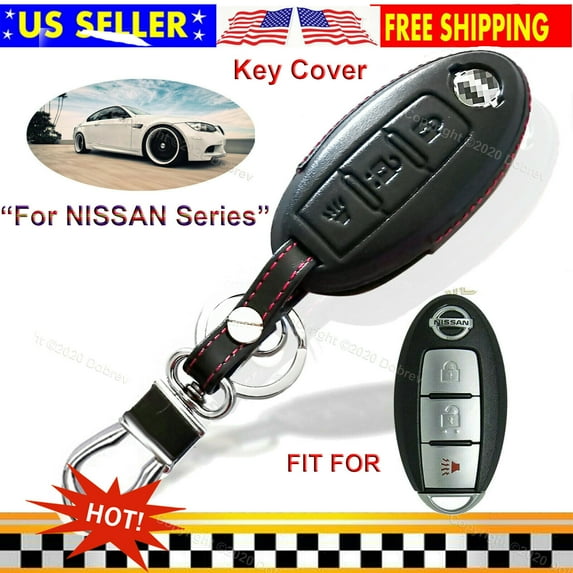 Dobrev 3 Buttons Genuine Leather Smart Key Case Rubber Cover Skin Fob Holder for Nissan Murano S SL Pathfinder 370Z Cube Leaf Quest Juke Versa Note Rogue Armada (Black Leather)