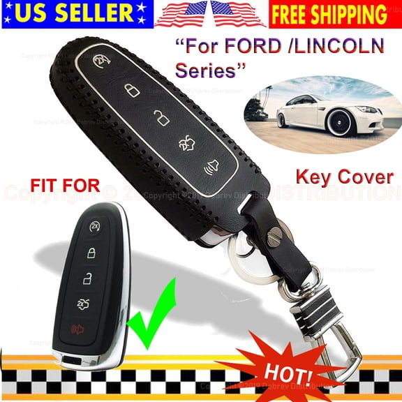 Dobrev Black Genuine Leather 5 Buttons Case Protector Key Fob Smart Car Remote Holder for Lincoln Ford Escape Explorer Focus Taurus Flex (Black)