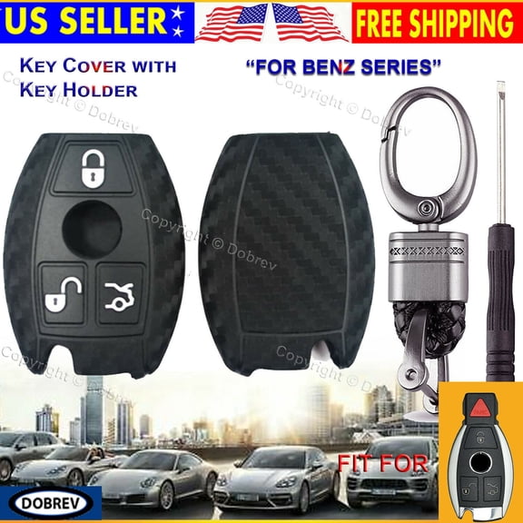 Dobrev Carbon Soft Cover Case Fob Rubber Chain Hook Smart Remote Control Keyless Entry Holder Skin Protector Fit for Mercedes Benz S CLS C E CL Key