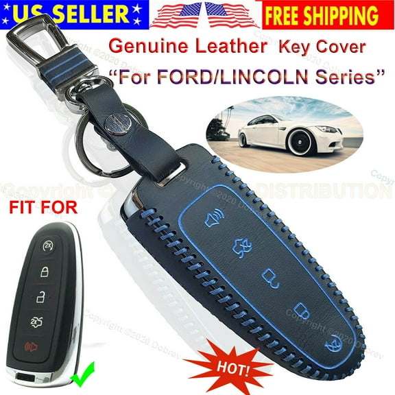 Dobrev Genuine Leather 5 Buttons Case Protector Key Fob Smart Car Remote Holder for Lincoln Ford Escape Explorer Focus Taurus Flex (Blue)