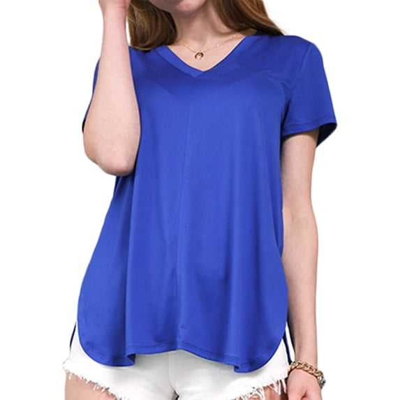 Dobulju Women's Short Sleeve V-Neck Loose Fit Slit Side Hem Basic T-Shirt With Plus Size