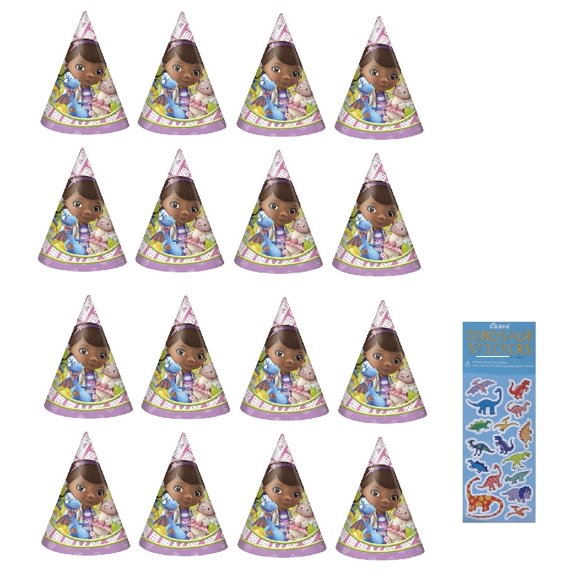 Doc McStuffins Birthday Party Supplies Bundle includes 16 Party Cone Hats and 1 Dinosaur Sticker Sheet