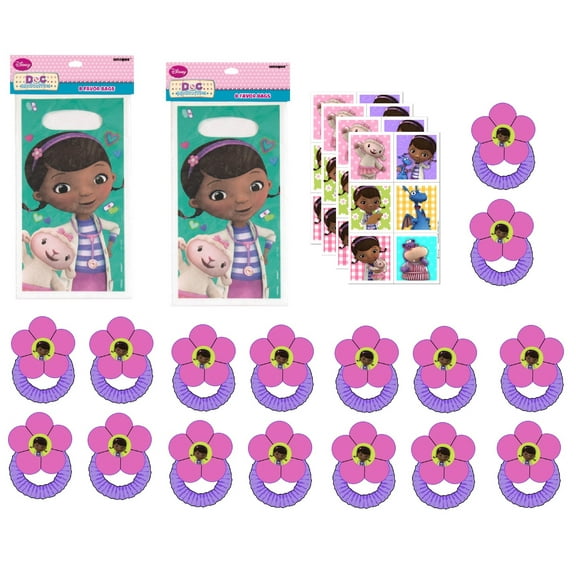 Doc McStuffins Birthday Party Supplies Favor Bundle for 16 Guests includes 16 Loot Bags, 16 Hair Bands, 24 Stickers