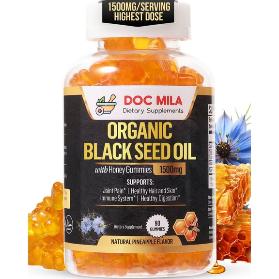 Doc Mila Black Seed Oil Gummies, 1500mg, Pineapple Flavor, Gluten Free, Soy Free, Non-GMO, 90 Count