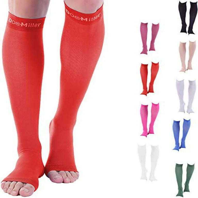 Doc Miller Open Toe Compression Socks, 15-20 mmHg, Toeless Compression  Socks Women and Men for Maternity, Improved Blood Circulation, Shin Splints  & Calf Recovery, 1 Pair Red Knee High Large Size 