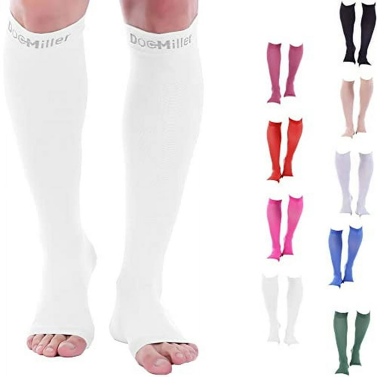 Doc Miller Open Toe Compression Socks, 15-20 mmHg, Toeless Compression  Socks Women and Men for Maternity, Shin Splints & Calf Recovery, 1 Pair  White Knee High Small Size 