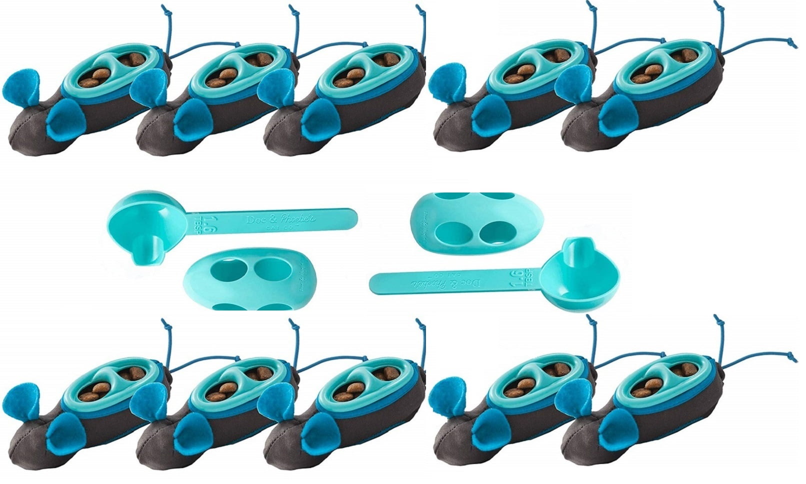 Doc & Phoebe's No Bowl Cat Toy Set with Trainer Mice & Portion Filler, Black & Blue (2 Pack)