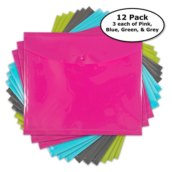 DocIt Reusable Side Open Envelopes with Snap Button Closure, 10" x 11 3/4", Assorted 12-Pack, 3 Each of Pink, Blue, Green and Grey (00891-C)