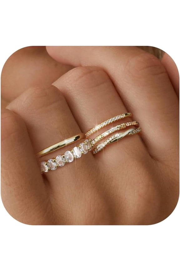 Dochais 5PCS Stackable Gold Silver Rings for Women, Non Tarnish Dainty Cubic Zirconia Rings, 14K Gold Plated Minimalist Wedding Band Rings Set, Trendy Statement Stacking Rings Size 5-10